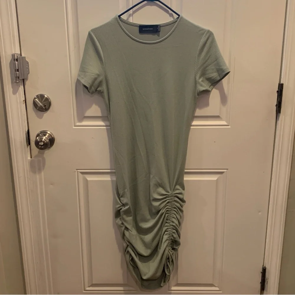MINKPINK Sage Green Ruched Bodycon Midi Dress Size S - Picture 1 of 9